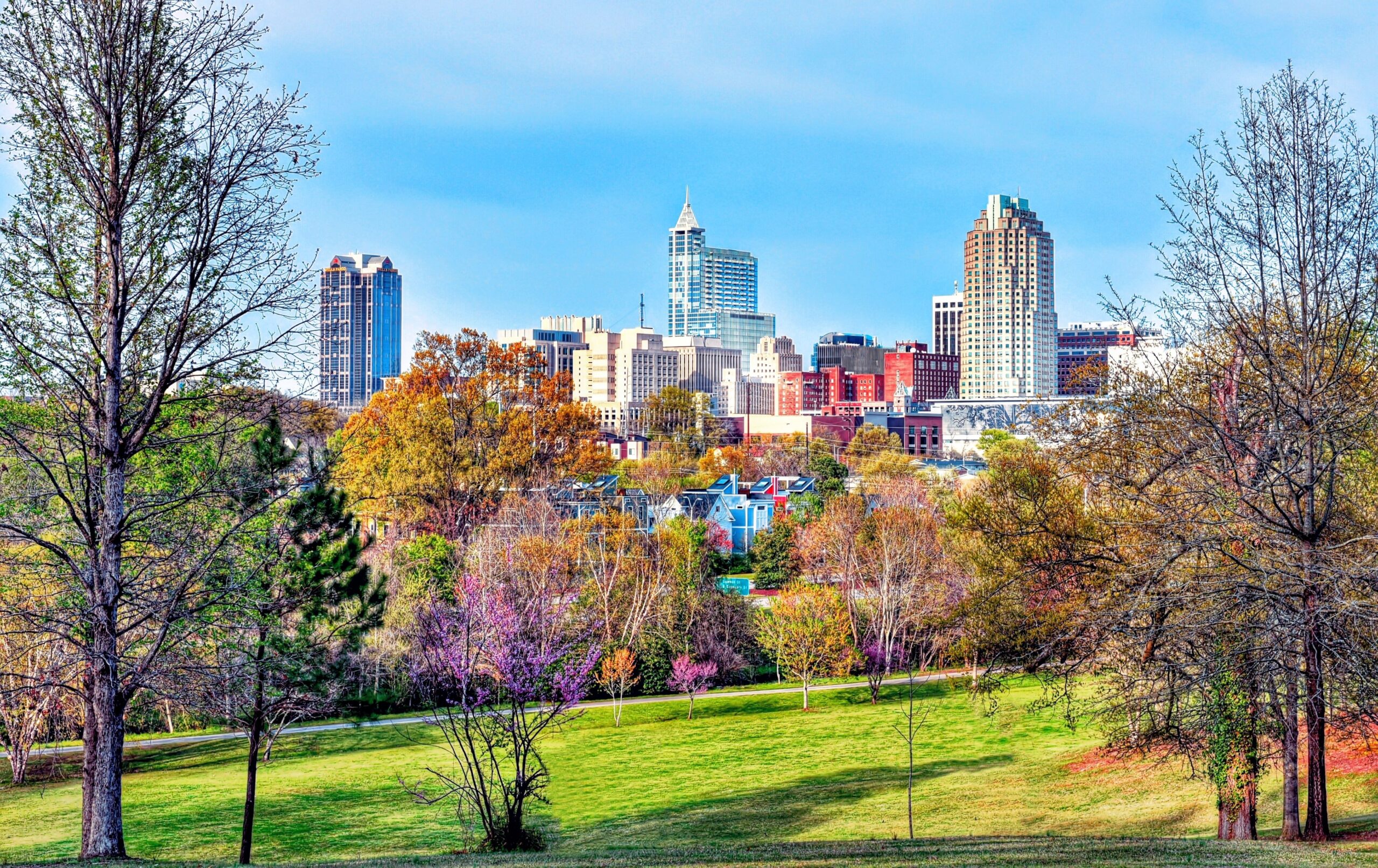 Colorful city skyline of downtown Raleigh, North Carolina.