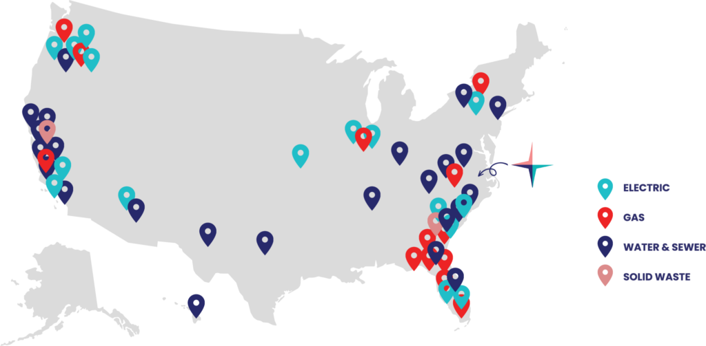 A map of the United States of America with location markers for the USP headquarters and various client locations.