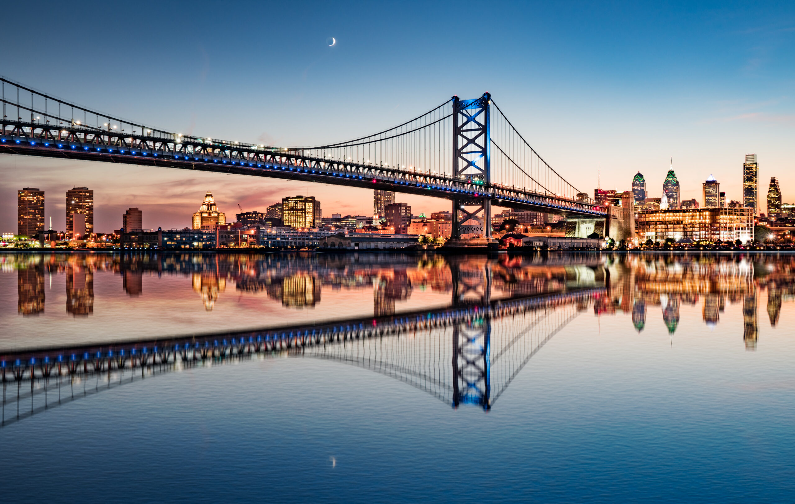 Philadelphia, Pennsylvania night skyline with reflection in water.