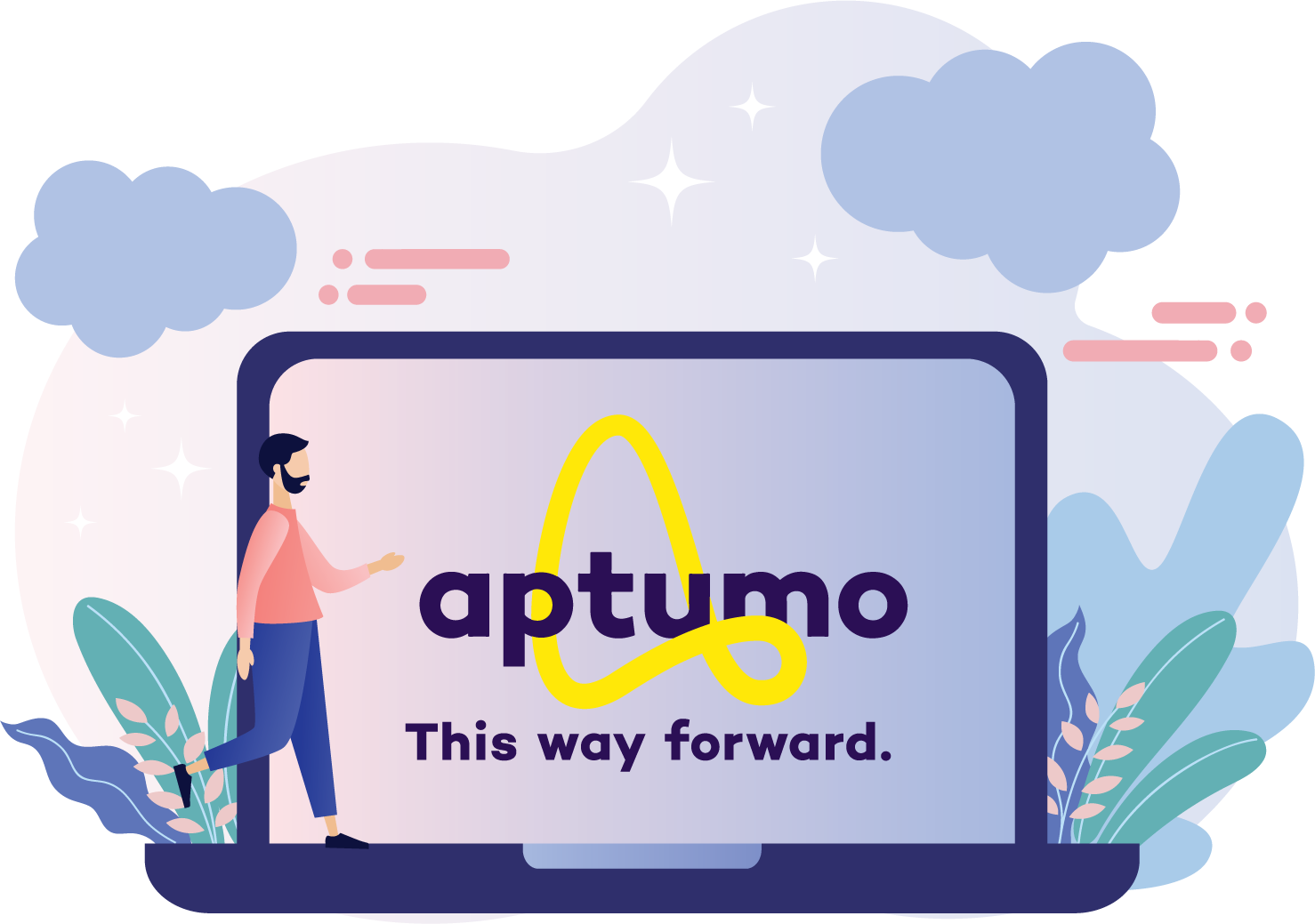 A man pointing to the Aptumo logo on an oversized laptop computer.